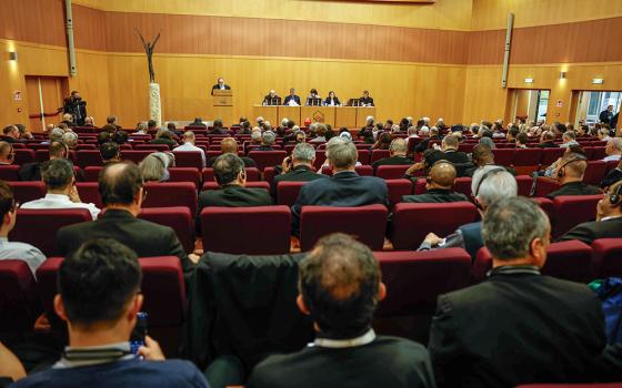 Theological advisers to the Synod of Bishops lead a forum organized by the Synod of Bishops on the role and authority of the bishop in a synodal church held in Rome Oct. 9. (CNS/Lola Gomez)